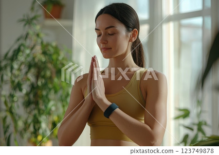 Young Woman Practicing Mindfulness and Meditation in Bright Indoor Space Surrounded by Plants 123749878