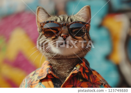 A cat wearing sunglasses and a Hawaiian shirt poses for the camera A cat wearing sunglasses and a Hawaiian shirt poses for the camera 123749880