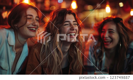 Three women are laughing and smiling at each other in a bar Three women are laughing and smiling at each other in a bar 123749887