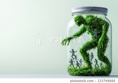 Captivating Green Giant: A Creative Representation of Nature and Humanity Encased in a Jar, Symbolizing Environmental Awareness and Growth Captivating Green Giant: A Creative Representation of Nature and Humanity Encased in a Jar, Symbolizing Environmental Awareness and Growth 123749888