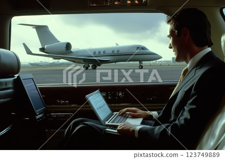 Businessman Working on Laptop Inside Luxury Vehicle with Private Jet in Background Businessman Working on Laptop Inside Luxury Vehicle with Private Jet in Background 123749889