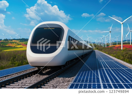 Futuristic Electric Train on Solar Panel Tracks in Sustainable Landscape with Wind Turbines Futuristic Electric Train on Solar Panel Tracks in Sustainable Landscape with Wind Turbines 123749894