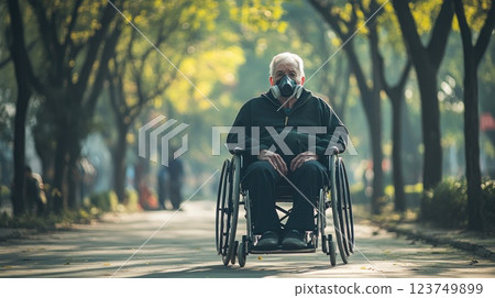 An elderly man in a wheelchair is sitting on a sidewalk An elderly man in a wheelchair is sitting on a sidewalk 123749899