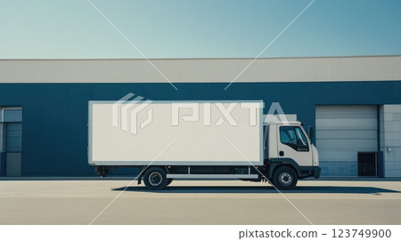 A white truck is parked in front of a building 123749900