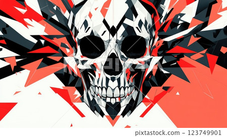 Geometric Skull Abstract Cover Header with Angular Designs in Black, White, and Red for Striking Visual Impact. Geometric Skull Abstract Cover Header with Angular Designs in Black, White, and Red for Striking Visual Impact. 123749901