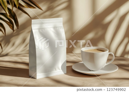 Minimalist Coffee Bag Mockup with Blank Design and Coffee Cup on Beige Background Minimalist Coffee Bag Mockup with Blank Design and Coffee Cup on Beige Background 123749902
