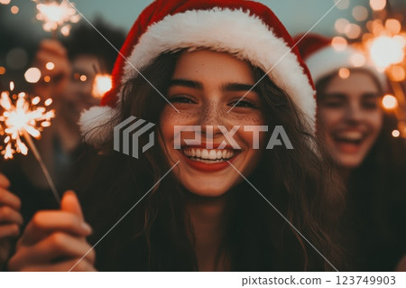 Group of Young People in Santa Hats Celebrating Joyfully Group of Young People in Santa Hats Celebrating Joyfully 123749903