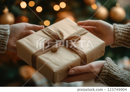 Hands Exchanging a Wrapped Gift with Holiday Background Hands Exchanging a Wrapped Gift with Holiday Background 123749904