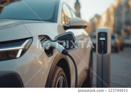 Close-Up of an Electric Car Charging at a Sleek Station on a Sunny Day in the City 123749915