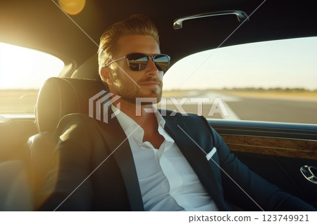 Stylish businessman sitting in back seat of luxury car during golden hour sunlight Stylish businessman sitting in back seat of luxury car during golden hour sunlight 123749921