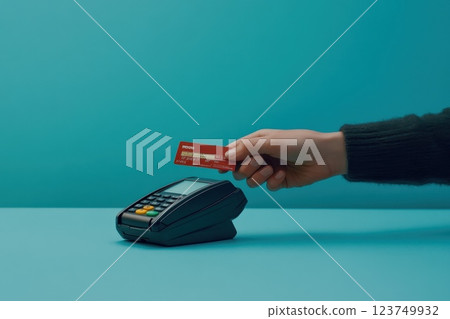 Hand Holding Credit Card Near Payment Machine on Aqua Background During Photoshoot Session Hand Holding Credit Card Near Payment Machine on Aqua Background During Photoshoot Session 123749932