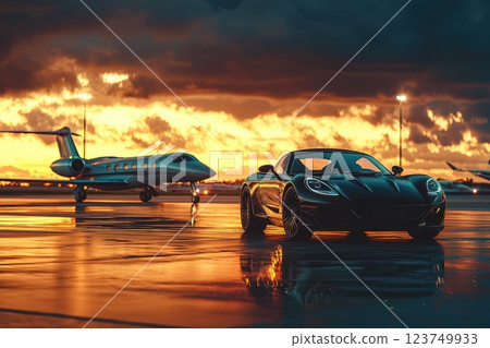 Elite Executive Travel, Business Class Edition, High-End Car and Private Jet on Runway for Seamless Airport Transfer Experience Elite Executive Travel, Business Class Edition, High-End Car and Private Jet on Runway for Seamless Airport Transfer Experience 123749933