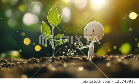 Happy Stick Figure Planting Seeds in Bokeh Flower Garden, Detailed Hyper Realistic UHD Illustration Happy Stick Figure Planting Seeds in Bokeh Flower Garden, Detailed Hyper Realistic UHD Illustration 123749935