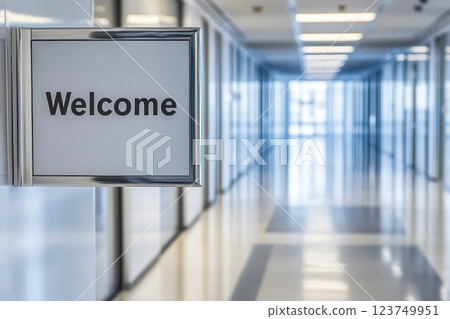 Modern Office Lobby Close-Up with Welcome Sign in a Bright Environment 123749951