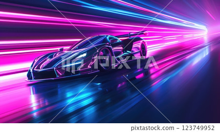 A car is driving down a road with neon lights in the background 123749952