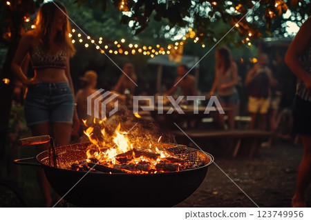 Evening Barbecue with Glowing Coals and Friends 123749956
