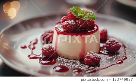 A dessert with a raspberry sauce and whipped cream on top 123749957