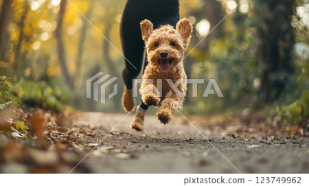 A dog is running through the woods, with its tongue out and a smile on its face A dog is running through the woods, with its tongue out and a smile on its face 123749962