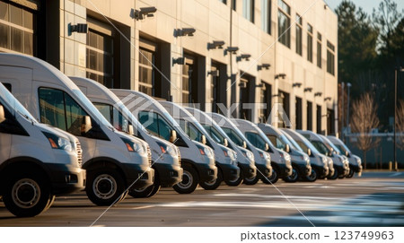 A row of white vans are parked in a lot 123749963