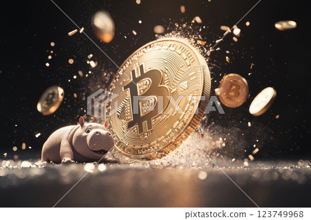 Shiny Cryptocurrency Coin with Explosive Shattering Effect 123749968