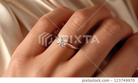 Elegance in Detail: Close-up of Woman's Hand Wearing Diamond Ring, Half Body View, Natural Beauty 123749970