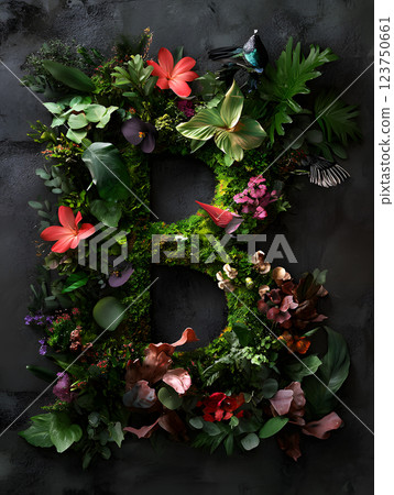 Floral tropical letter B with palm leaves and flowers. floral monogram for design 123750661