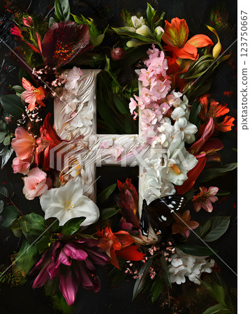 Floral tropical letter H with palm leaves and flowers. floral monogram for design 123750667