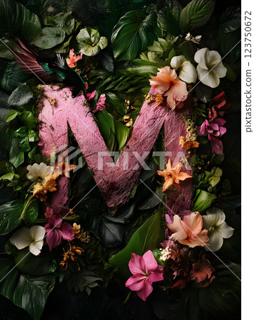 Floral tropical letter M with palm leaves and flowers. floral monogram for design 123750672