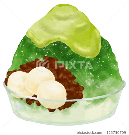 玻璃碗中放入 1 杯宇治金時刨冰(3 顆白玉 + 紅豆餡 + 泡沫) 玻璃碗中放入 1 杯宇治金時刨冰(3 顆白玉 + 紅豆餡 + 泡沫) 123750709