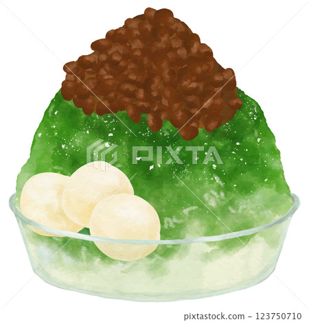 玻璃碗中放入 1 杯宇治金時刨冰(3 顆白玉球 + 紅豆餡) 玻璃碗中放入 1 杯宇治金時刨冰(3 顆白玉球 + 紅豆餡) 123750710