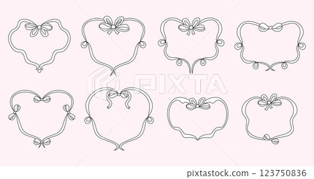 Vintage Coquette Thin Frame with Ribbons Bows Set. Girly Vibe. Vector illustration. Isolated Trendy aesthetic hand-drawn Template for card, invitations, decorative labels and branding elements Vintage Coquette Thin Frame with Ribbons Bows Set. Girly Vibe. Vector illustration. Isolated Trendy aesthetic hand-drawn Template for card, invitations, decorative labels and branding elements 123750836