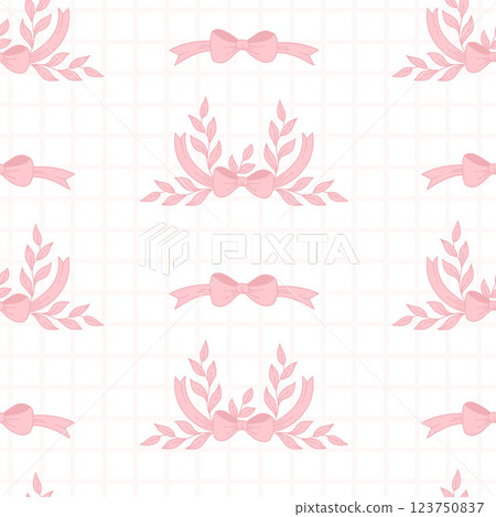 Vintage Coquette seamless pattern pink ribbon bow with Plants on checkered white background. Romantic Pink Girly Vibe. Trendy aesthetic patterned backdrop template. Vector illustration Vintage Coquette seamless pattern pink ribbon bow with Plants on checkered white background. Romantic Pink Girly Vibe. Trendy aesthetic patterned backdrop template. Vector illustration 123750837