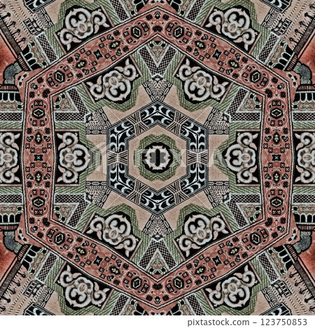 Modern geometric floral design for textile, floor tiles, digital paper print. Persian carpet design with tribal texture. Traditional Turkish pattern for throw pillow, rug, carpet, and fabric printing 123750853