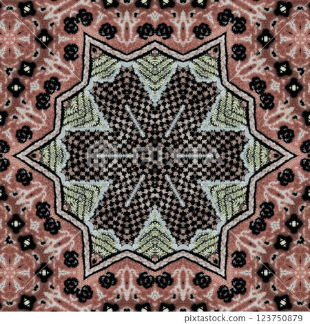 Modern geometric floral design for textile, floor tiles, digital paper print. Persian carpet design with tribal texture. Traditional Turkish pattern for throw pillow, rug, carpet, and fabric printing 123750879