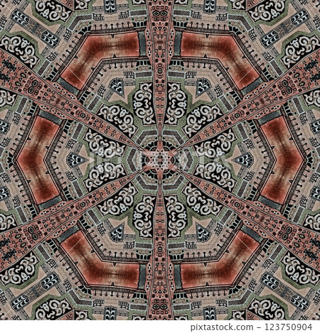 Modern geometric floral design for textile, floor tiles, digital paper print. Persian carpet design with tribal texture. Traditional Turkish pattern for throw pillow, rug, carpet, and fabric printing Modern geometric floral design for textile, floor tiles, digital paper print. Persian carpet design with tribal texture. Traditional Turkish pattern for throw pillow, rug, carpet, and fabric printing 123750904