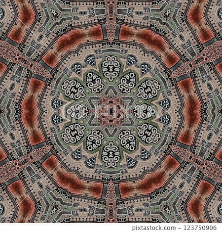 Modern geometric floral design for textile, floor tiles, digital paper print. Persian carpet design with tribal texture. Traditional Turkish pattern for throw pillow, rug, carpet, and fabric printing 123750906