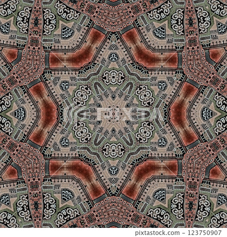 Modern geometric floral design for textile, floor tiles, digital paper print. Persian carpet design with tribal texture. Traditional Turkish pattern for throw pillow, rug, carpet, and fabric printing 123750907