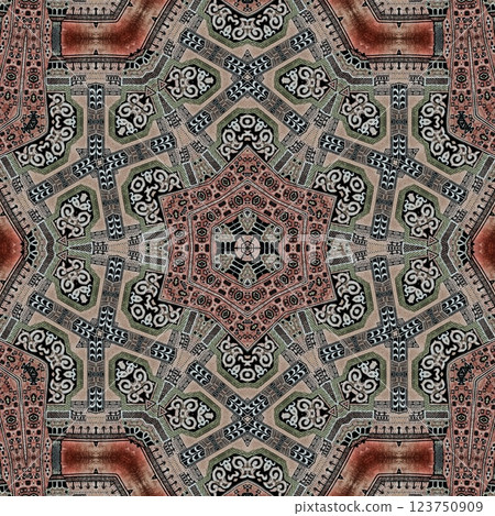 Modern geometric floral design for textile, floor tiles, digital paper print. Persian carpet design with tribal texture. Traditional Turkish pattern for throw pillow, rug, carpet, and fabric printing 123750909