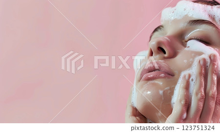 Young female cleansing face with foam skincare treatment for daily routine 123751324