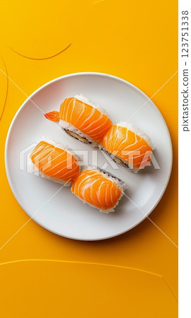Sushi with tuna and salmon rice roll on white plate story background 123751338