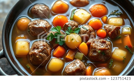 Rustic Farmhouse Beef and Root Vegetable Stew with Fresh Herbs in Traditional Cast Iron Cookware 123751423