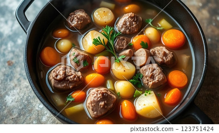Rustic Farmhouse Beef and Root Vegetable Stew with Fresh Herbs in Traditional Cast Iron Cookware 123751424