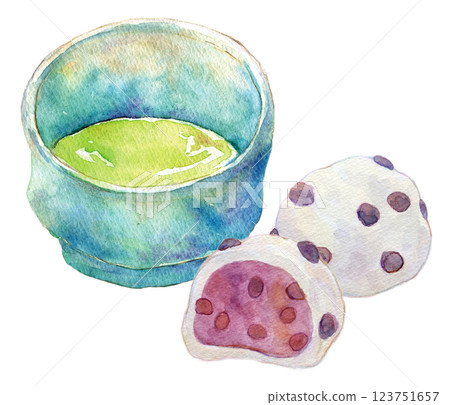 水彩插圖:抹茶和豆大福套裝 水彩插圖:抹茶和豆大福套裝 123751657