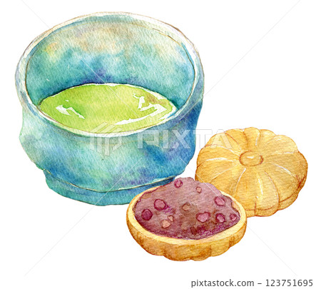 水彩插畫：抹茶與最中套裝 123751695