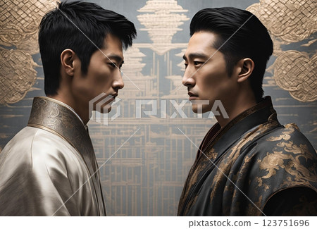 Chinese warrior men glaring at each other 123751696