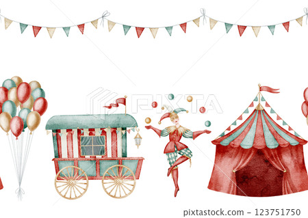 Circus watercolor seamless Border. Illustration of Carnival pattern with tents, jugglers, balloons and carts for childish party invitations or baby performance greeting cards. Banner for festival. Circus watercolor seamless Border. Illustration of Carnival pattern with tents, jugglers, balloons and carts for childish party invitations or baby performance greeting cards. Banner for festival. 123751750