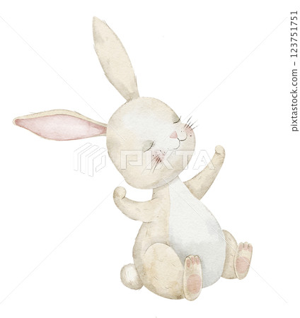 Watercolor illustration of a joyful, smiling Bunny sitting playfully in soft pastel tones. Drawing of cute Rabbit for nursery decor or Baby shower invitations. Art of Hare for childish birthday cards. Watercolor illustration of a joyful, smiling Bunny sitting playfully in soft pastel tones. Drawing of cute Rabbit for nursery decor or Baby shower invitations. Art of Hare for childish birthday cards. 123751751