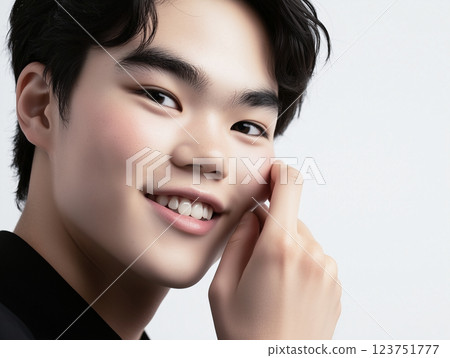AI-generated image: Bust-up portrait of a Japanese boy with his hand on his cheek AI-generated image: Bust-up portrait of a Japanese boy with his hand on his cheek 123751777