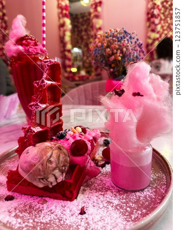 Luxurious Pink Dessert Platter in Floral Cafe Luxurious Pink Dessert Platter in Floral Cafe 123751857