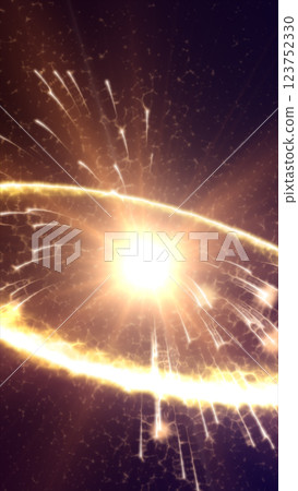 Glowing golden explosion with electric energy arcs and dynamic light effects, creating a cosmic burst or star-like explosion concept 123752330
